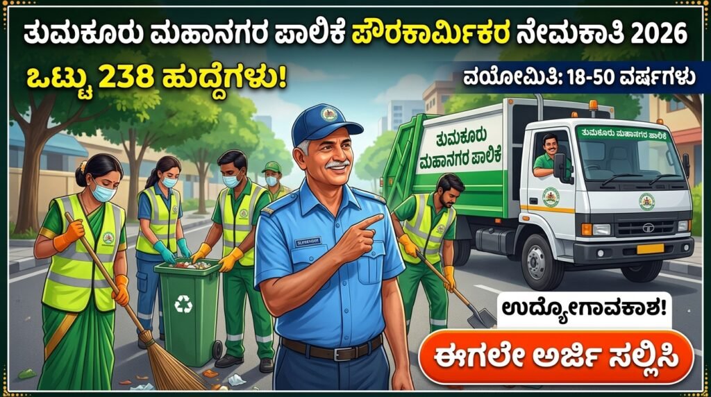 ತುಮಕೂರು ಮಹಾನಗರ ಪಾಲಿಕೆ ಪೌರಕಾರ್ಮಿಕ ನೇಮಕಾತಿ 2026 – 238 ಹುದ್ದೆಗಳಿಗೆ ಅರ್ಜಿ ಸಲ್ಲಿಸಿ! Tumkur Municipal Corporation Recruitment 2026